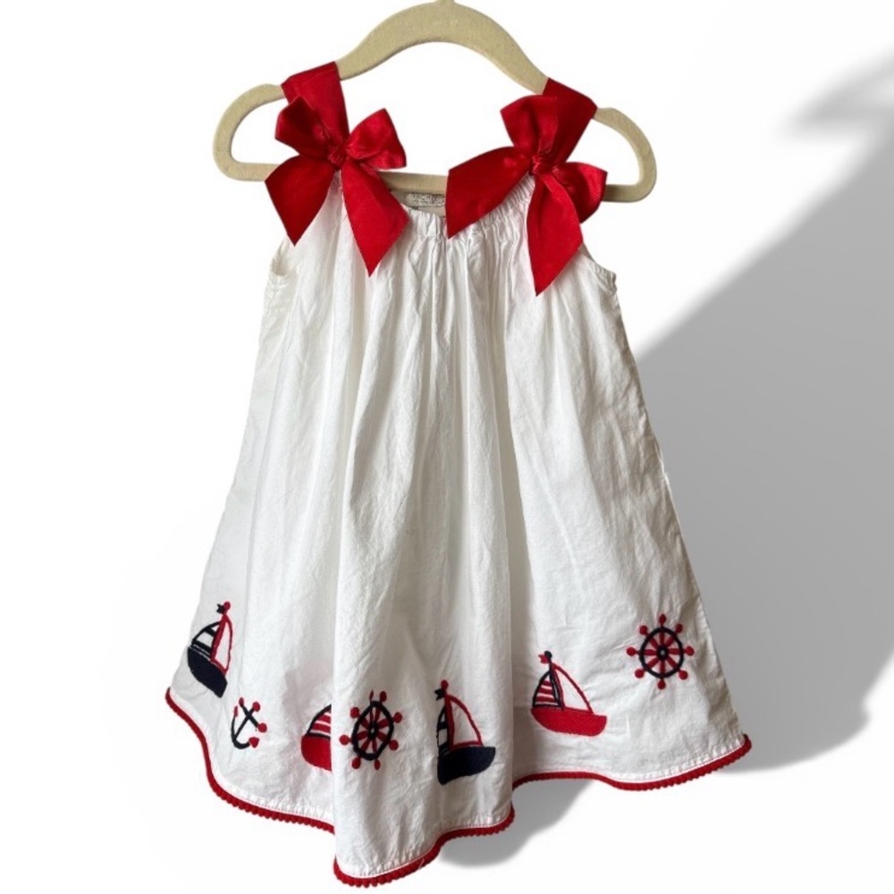 Nautical Embroidered White Dress with Red Bow Straps